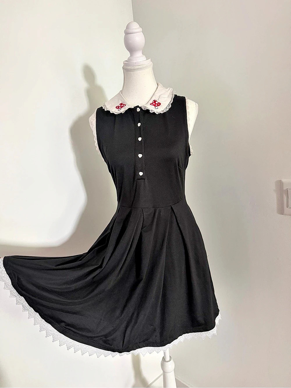 Mushroom Collar Lace Trim short Dress Black White Halloween cute look S/M